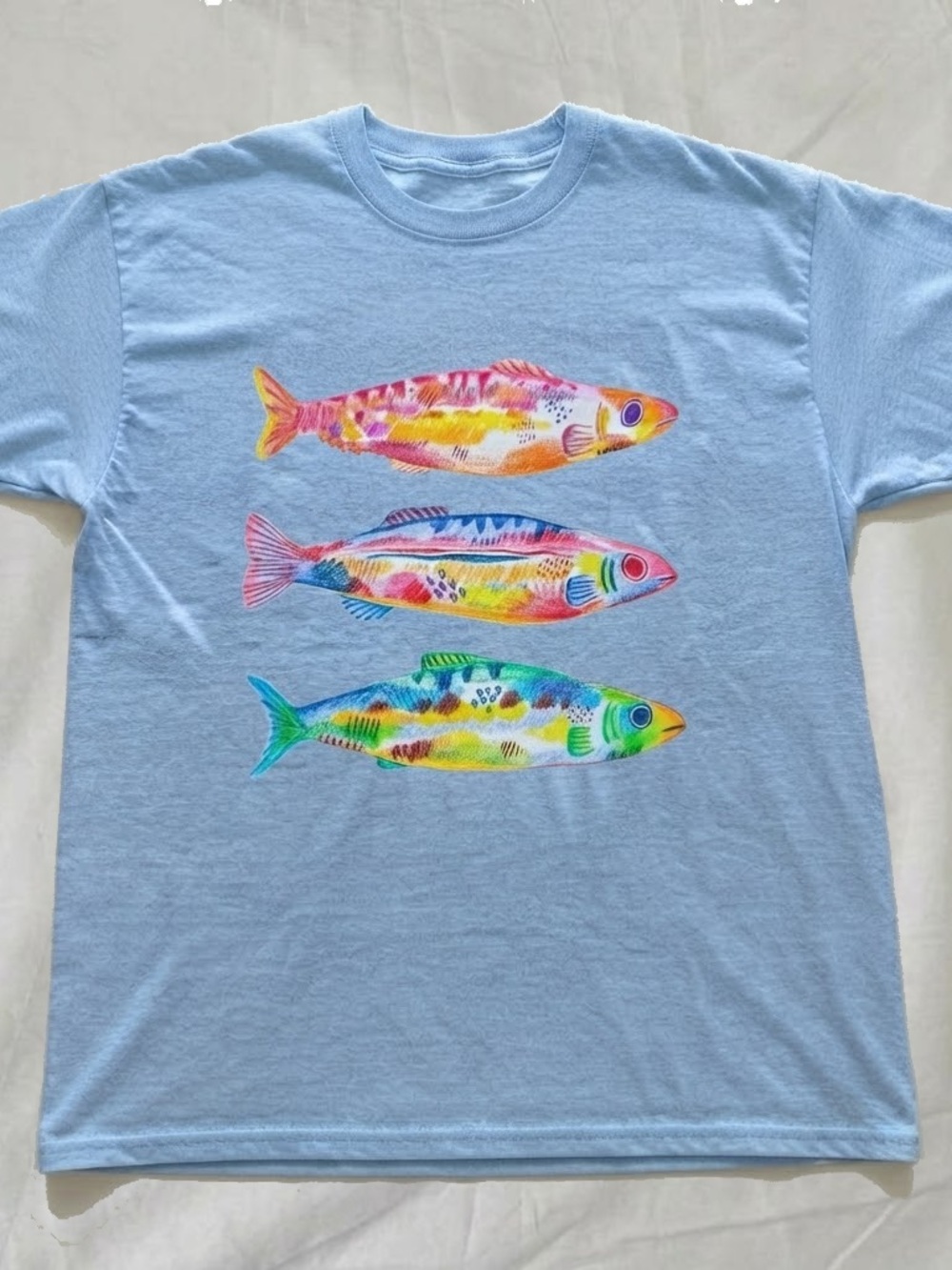Gildan Light Blue Tee with Three Colorful Fish